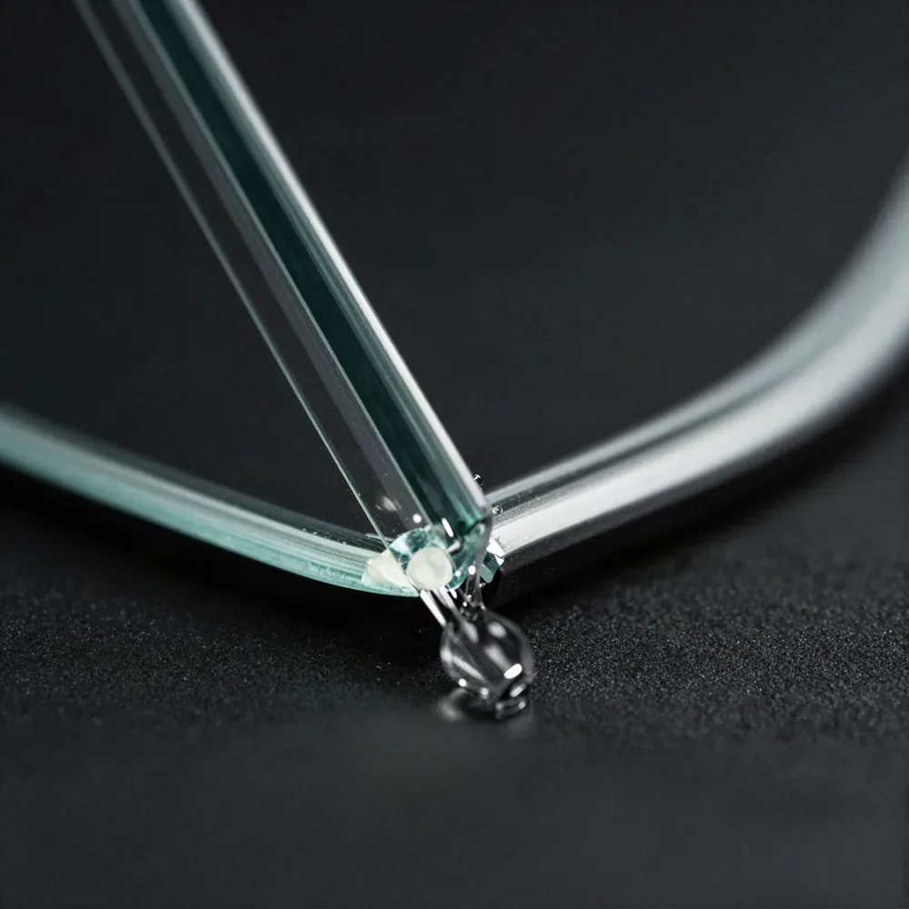Close-up of the cut edge of a laminated windshield showing the layers of glass