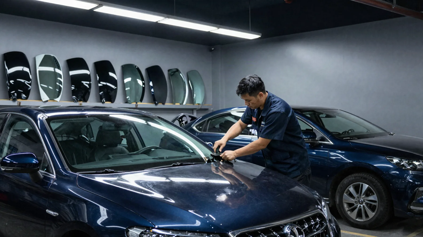 A Blue Chip technician working on the windshield of a car in the shop, with a wall rack of replacement windshields behind him