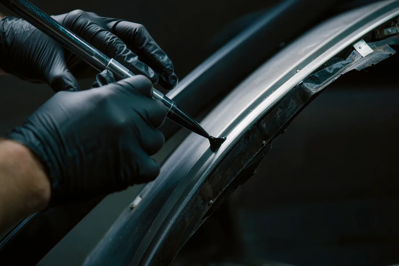 Gloved hands laying a urethane bead along the windshield frame of a car before the new glass is set